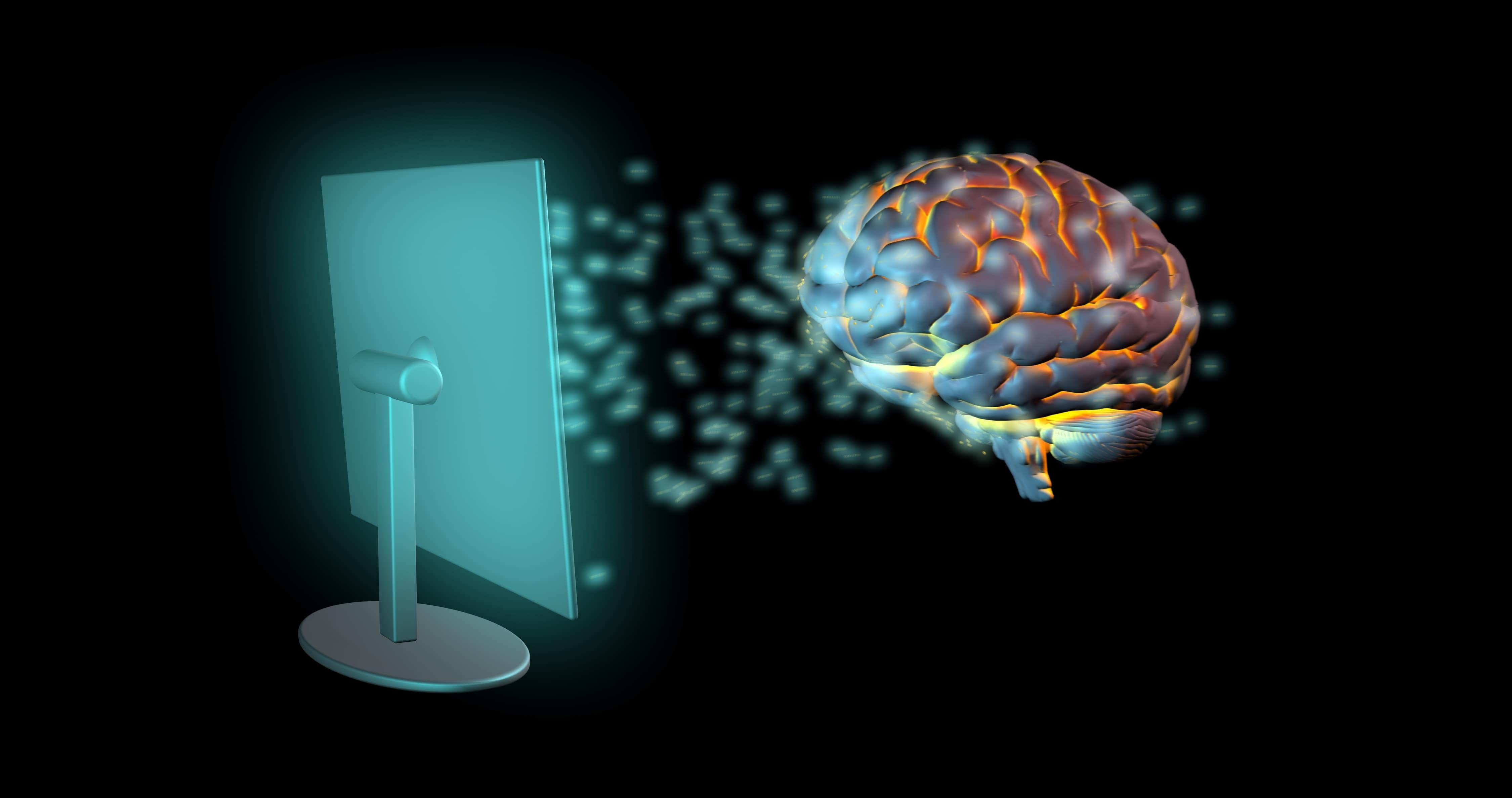 Cerveau face à un écran d'ordinateur